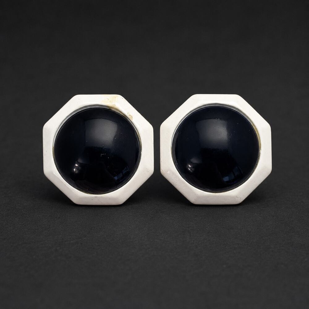 Vintage Clip On Earrings Dark Blue Dome & White Octogen Halo - Fair Condition